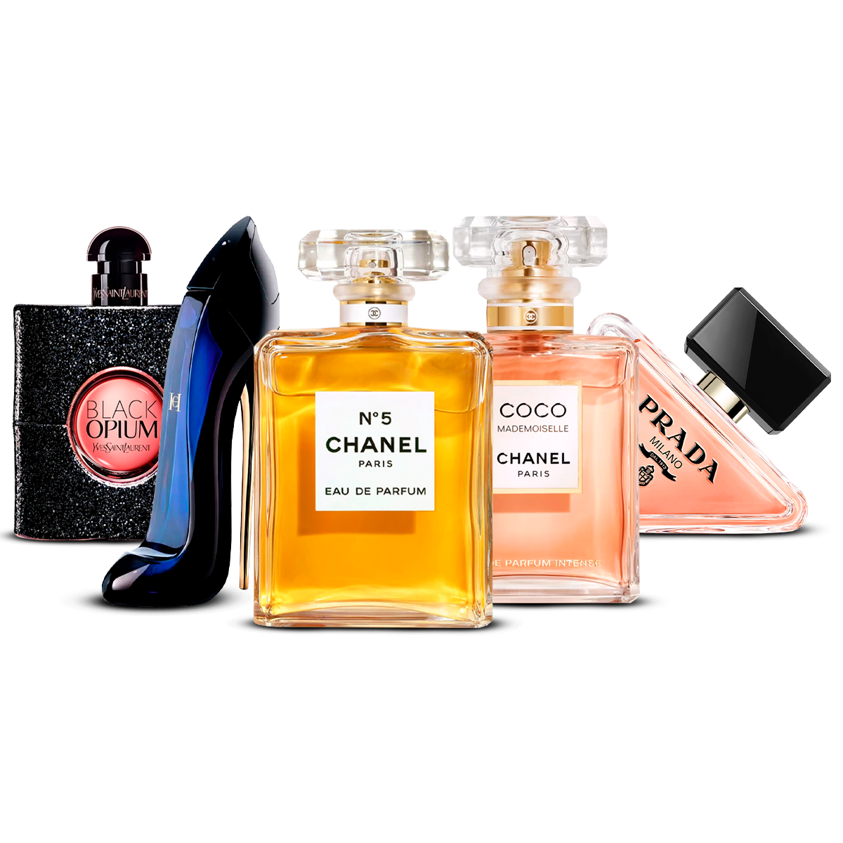 Kombination aus 5 Damenparfums – Black Opium, Good Girl, Chanel N°5, Coco Mademoiselle und Prada Paradoxe [100 ml jeweils]