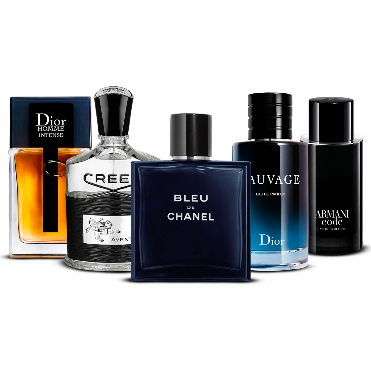 Kombination aus 5 Herrenparfums – Dior Homme Intense, Creed Aventus, Bleu de Chanel, Sauvage und Armani Code [100 ml jeweils]