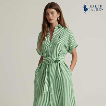 Gestreiftes Leinenhemdkleid mit kurzen Ärmeln