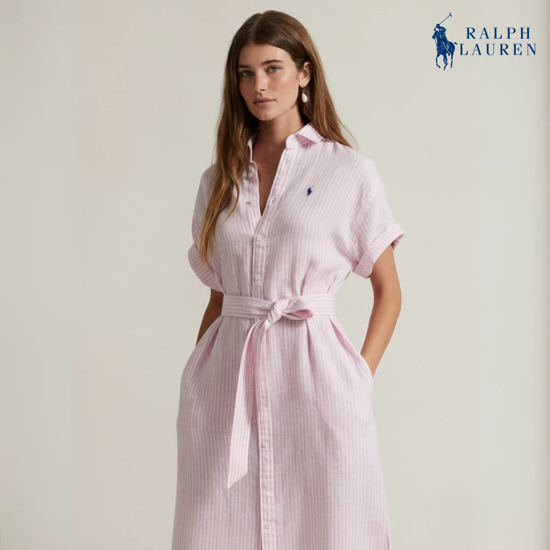 Gestreiftes Leinenhemdkleid mit kurzen Ärmeln