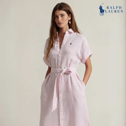 Gestreiftes Leinenhemdkleid mit kurzen Ärmeln