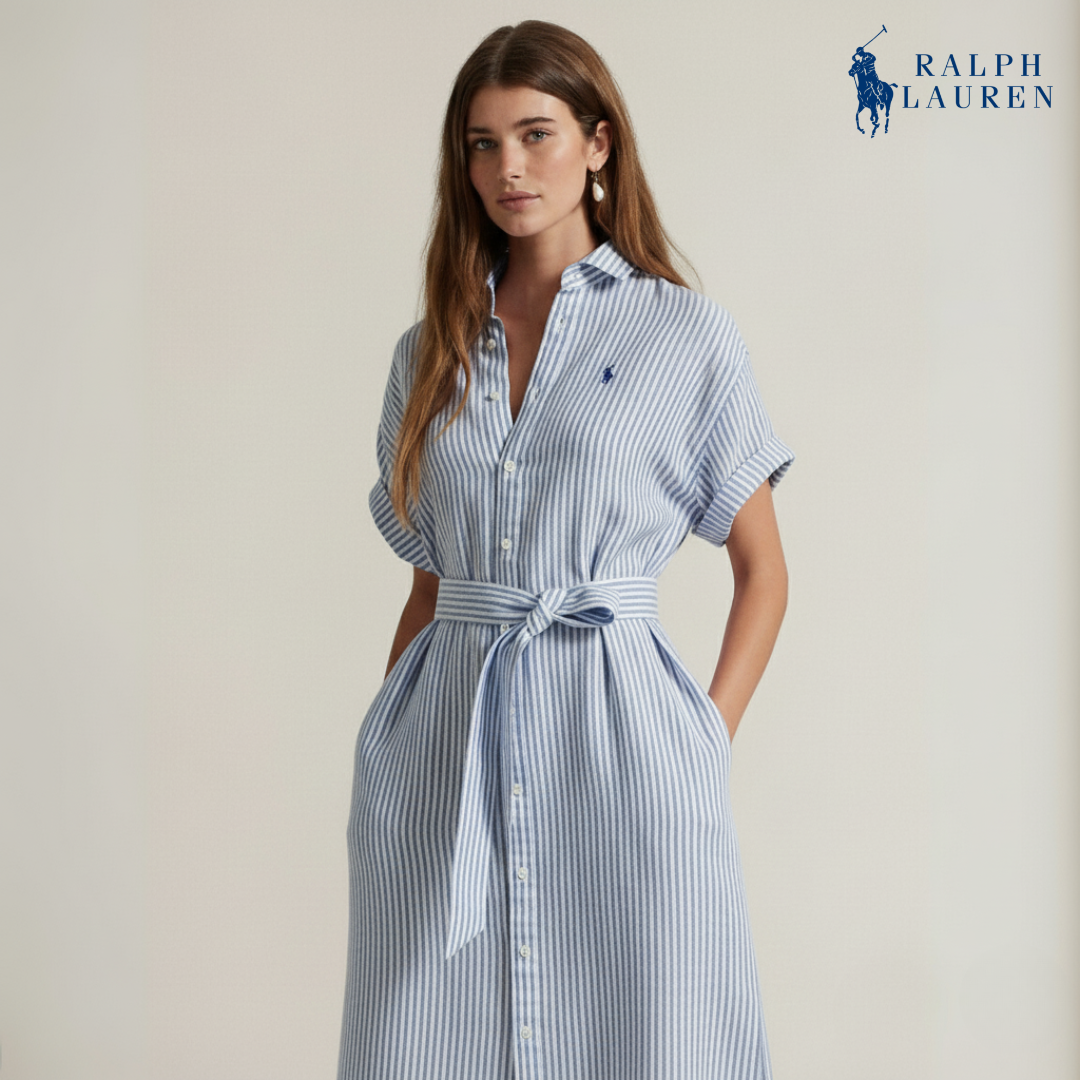 Gestreiftes Leinenhemdkleid mit kurzen Ärmeln