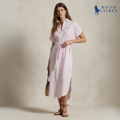 Gestreiftes Leinenhemdkleid mit kurzen Ärmeln