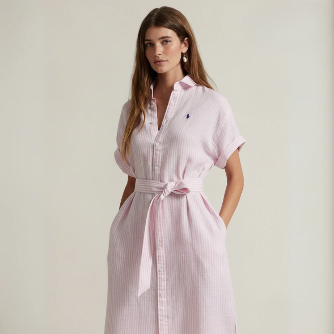 R. Lauren Gestreiftes Leinenhemdkleid mit kurzen Ärmeln