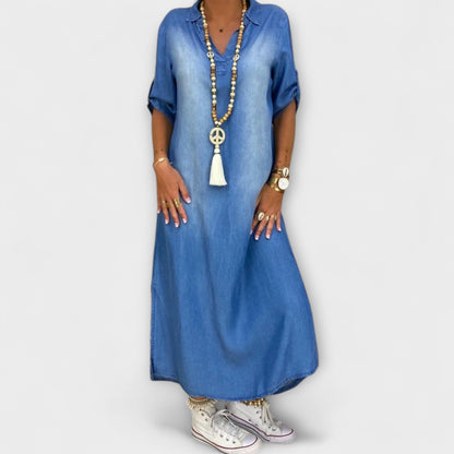 Lea - Langes Denim-Look Kleid mit Seitenschlitz