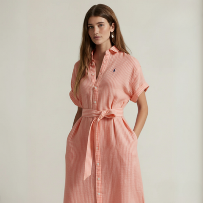 Gestreiftes Leinenhemdkleid mit kurzen Ärmeln