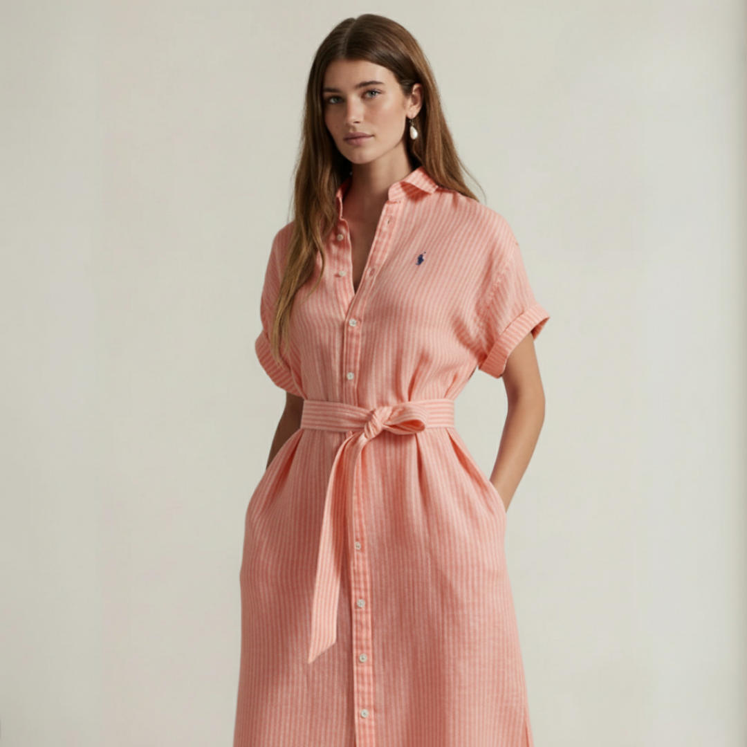 R. Lauren Gestreiftes Leinenhemdkleid mit kurzen Ärmeln