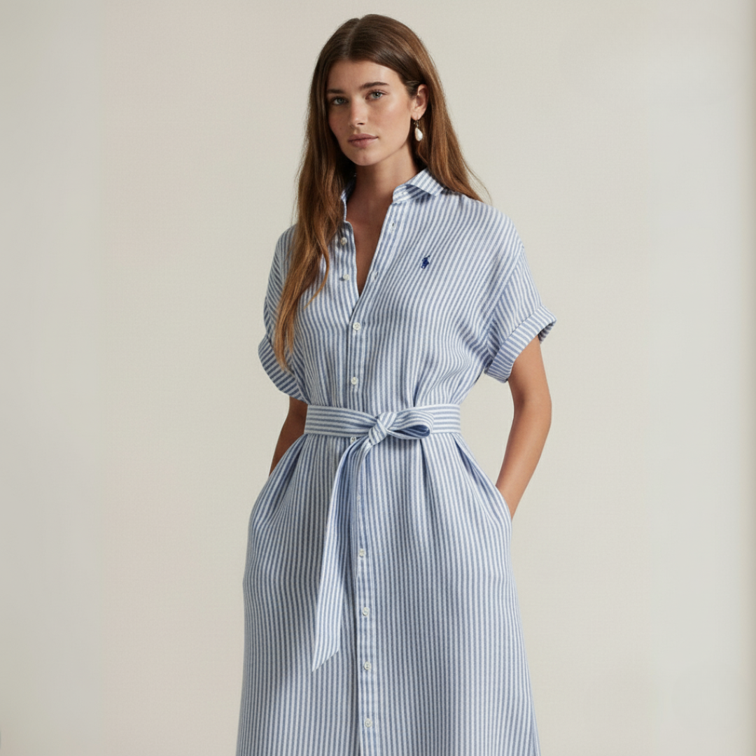 Gestreiftes Leinenhemdkleid mit kurzen Ärmeln