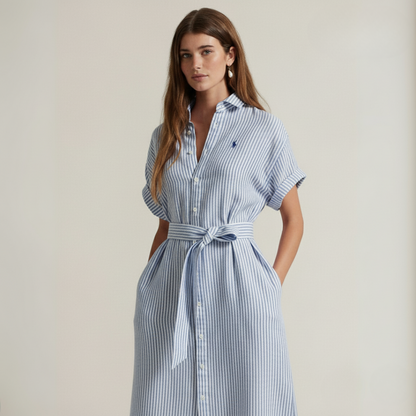 Gestreiftes Leinenhemdkleid mit kurzen Ärmeln