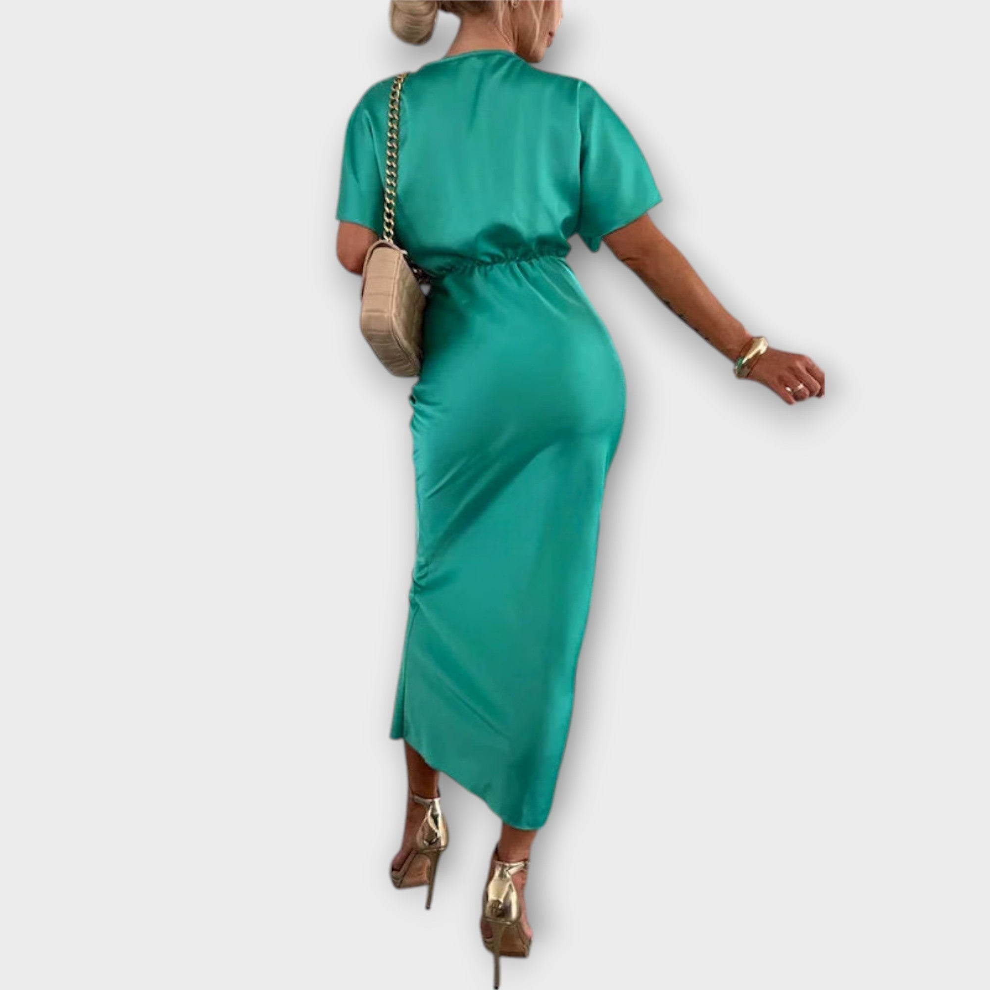 Sable - Elegantes Satin V-Ausschnitt Kreuzknoten Slim Fit Maxikleid