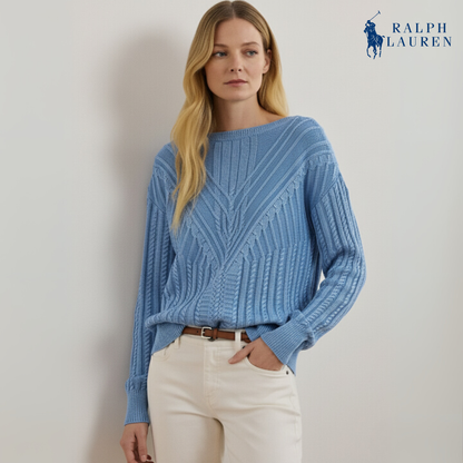 Zopfmuster-Pullover mit U-Boot-Ausschnitt aus Baumwollmischung