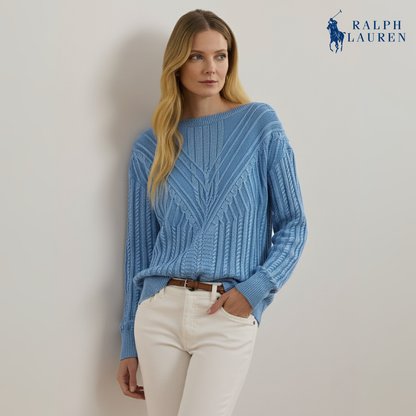 Zopfmuster-Pullover mit U-Boot-Ausschnitt aus Baumwollmischung