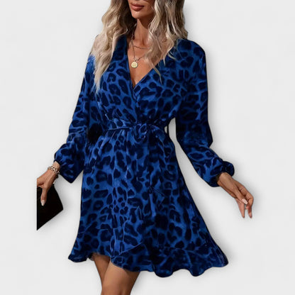 Stylisches Kleid mit Leopardenmuster, V-Ausschnitt und Bindegürtel