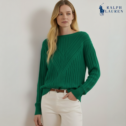 Zopfmuster-Pullover mit U-Boot-Ausschnitt aus Baumwollmischung