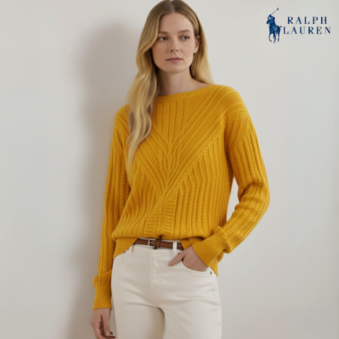 Zopfmuster-Pullover mit U-Boot-Ausschnitt aus Baumwollmischung