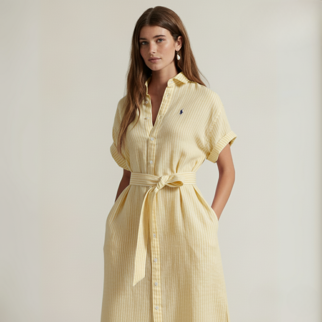 Gestreiftes Leinenhemdkleid mit kurzen Ärmeln