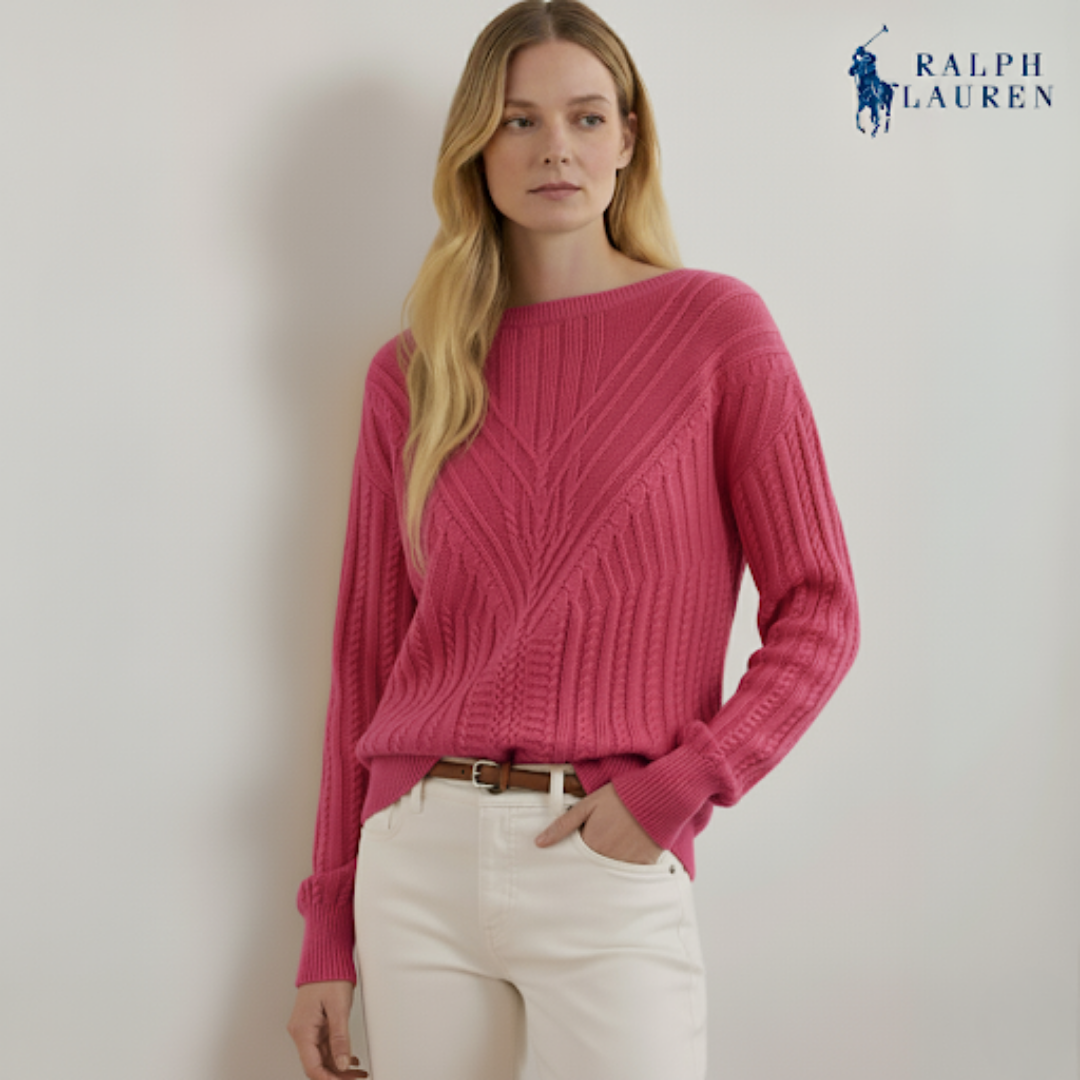 Zopfmuster-Pullover mit U-Boot-Ausschnitt aus Baumwollmischung