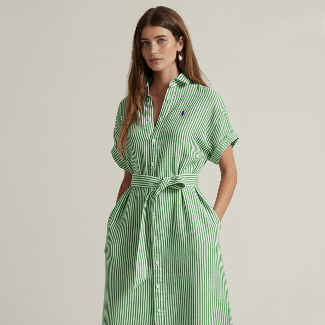 R. Lauren Gestreiftes Leinenhemdkleid mit kurzen Ärmeln