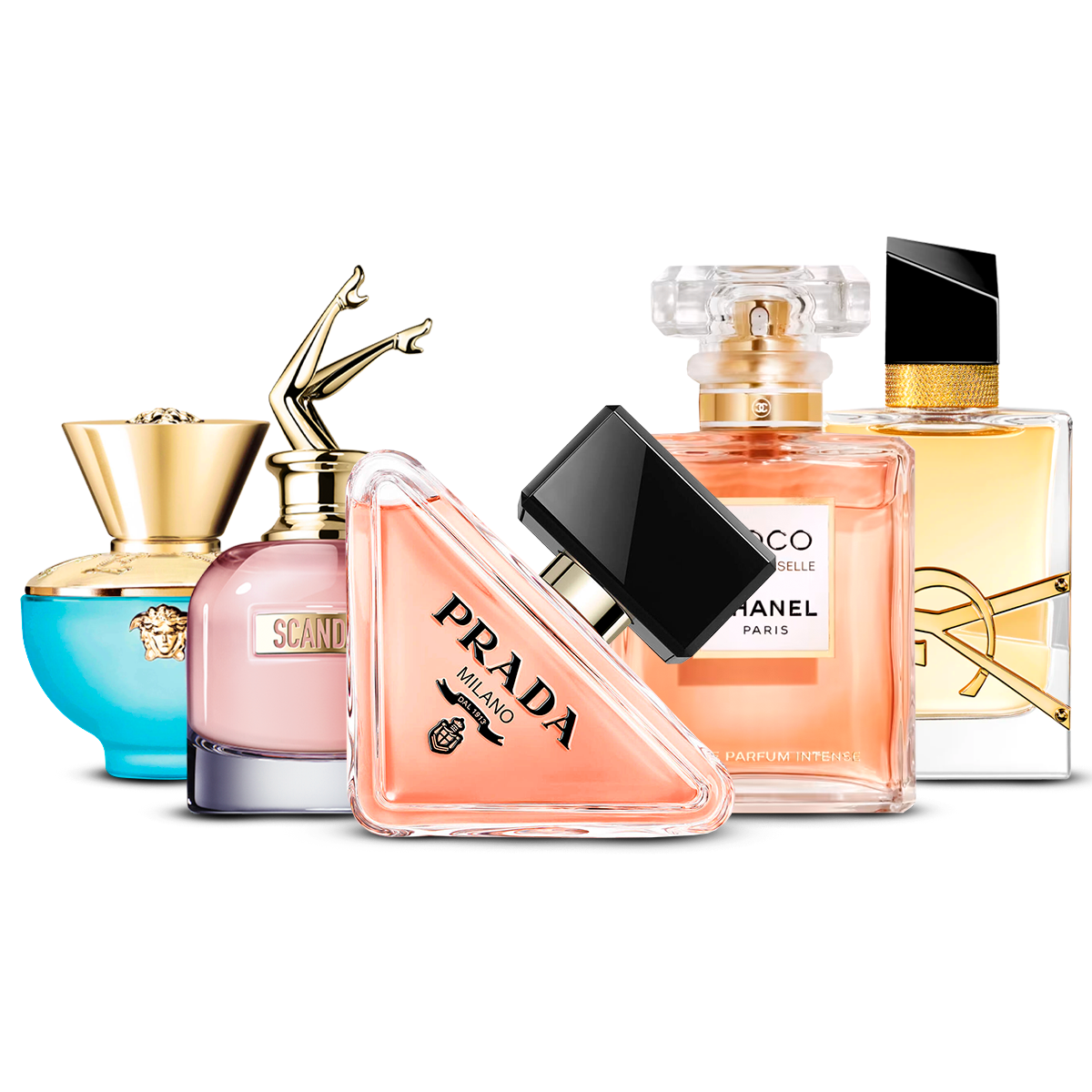 Kombination aus 5 Damenparfums – Versace Dylan Turquoise, Scandal, Prada Paradoxe, Coco Mademoiselle und Yves Saint Laurent Libre [100 ml jeweils]