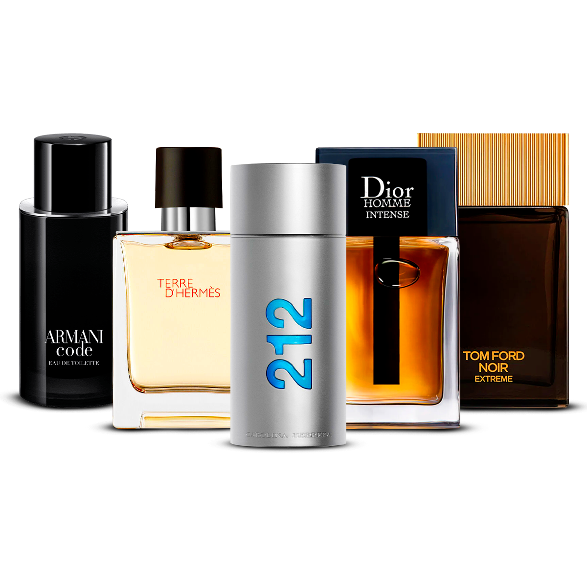 Kombination aus 5 Herrenparfums – Armani Code, Terre d'Hermès, 212 Men, Dior Homme Intense und Tom Ford Noir Extrême [100 ml jeweils]
