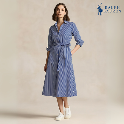 Gestreiftes Baumwollhemdkleid mit Gürtel