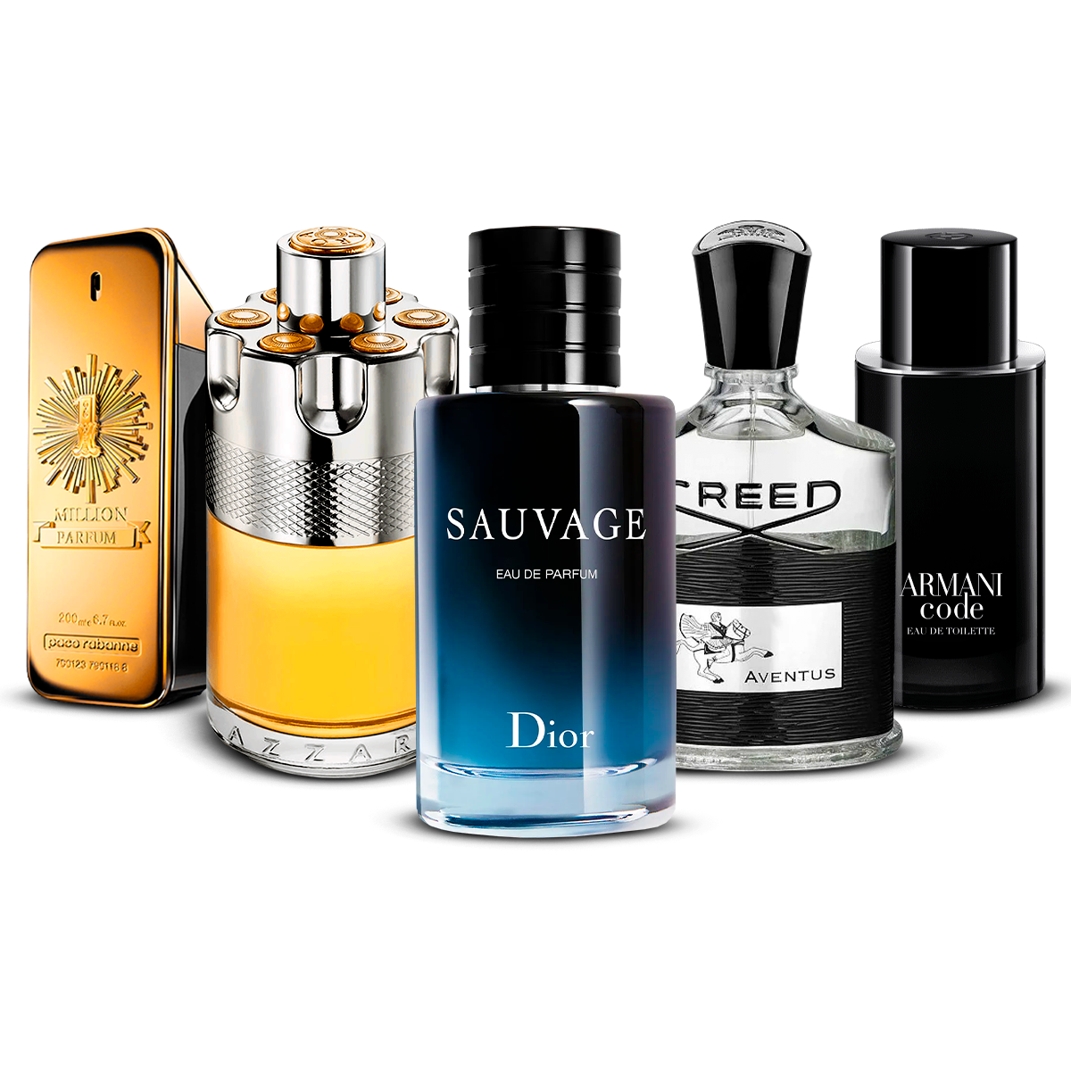 Kombination aus 5 Herrenparfums – 1 Million, Azzaro Wanted, Sauvage, Creed Aventus und Armani Code [100 ml jeweils]