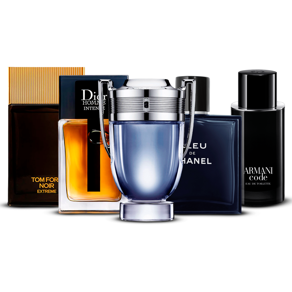 Kombination aus 5 Herrenparfums – Tom Ford Noir Extrême, Dior Homme Intense, Invictus, Bleu de Chanel und Armani Code [100 ml jeweils]