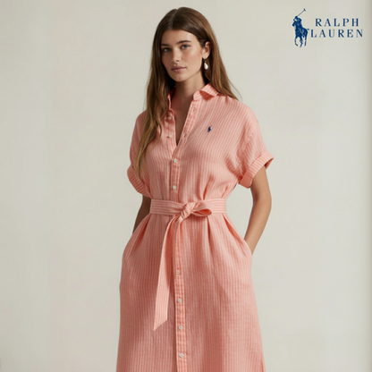 Gestreiftes Leinenhemdkleid mit kurzen Ärmeln