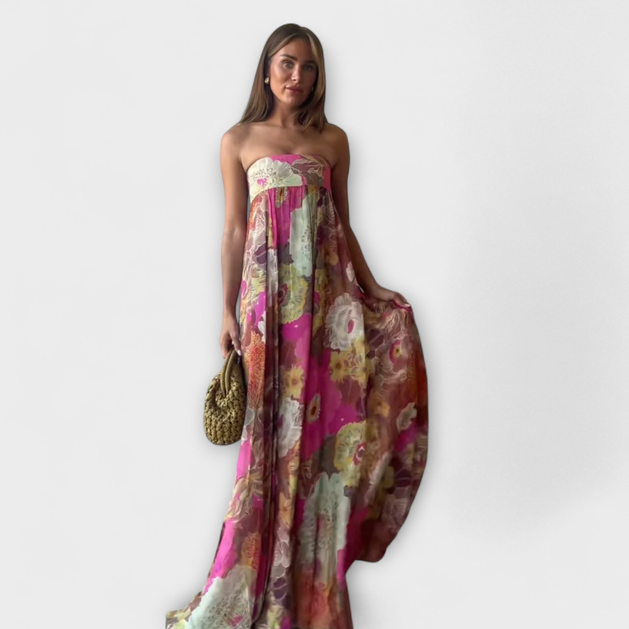 Schickes Retro Strapless Falten Maxi Kleid