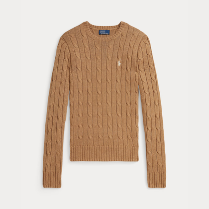 Zopfmuster-Baumwollpullover mit Rundhalsausschnitt