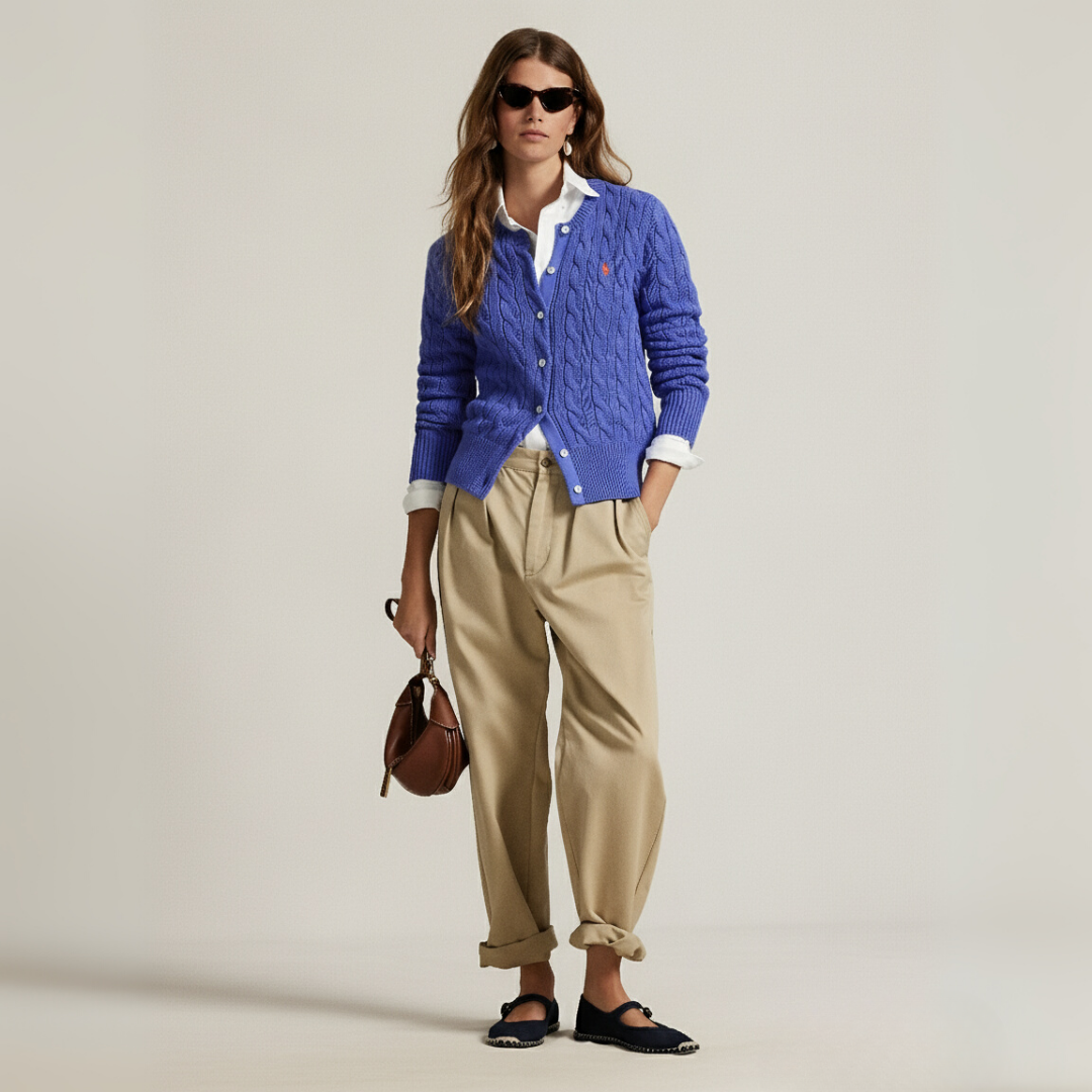 Zopfmuster-Baumwoll-Cardigan mit Rundhalsausschnitt