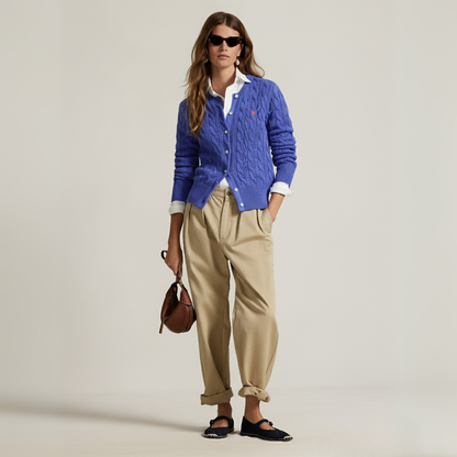 Zopfmuster-Baumwoll-Cardigan mit Rundhalsausschnitt