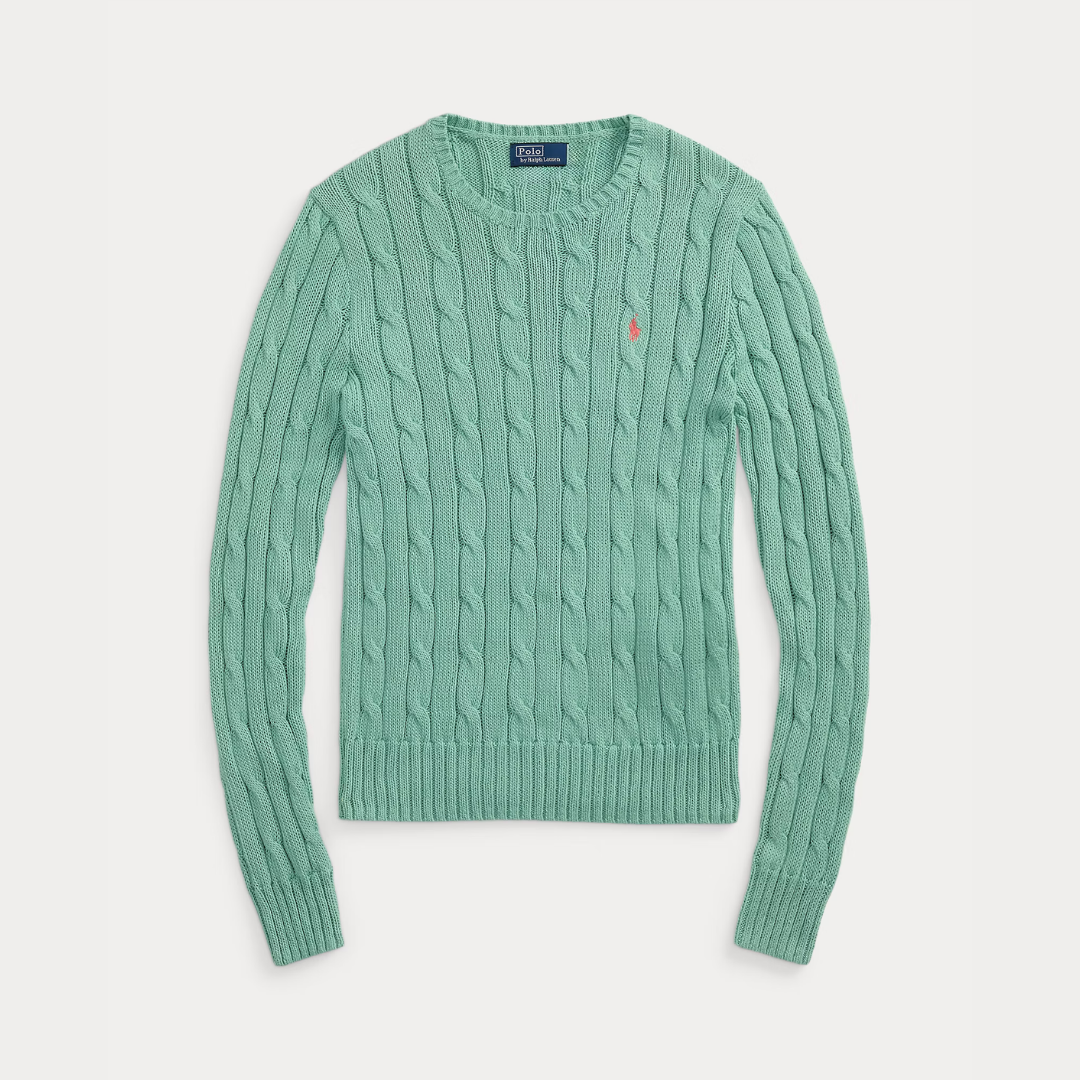 Zopfmuster-Baumwollpullover mit Rundhalsausschnitt