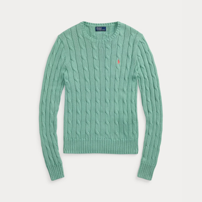 Zopfmuster-Baumwollpullover mit Rundhalsausschnitt