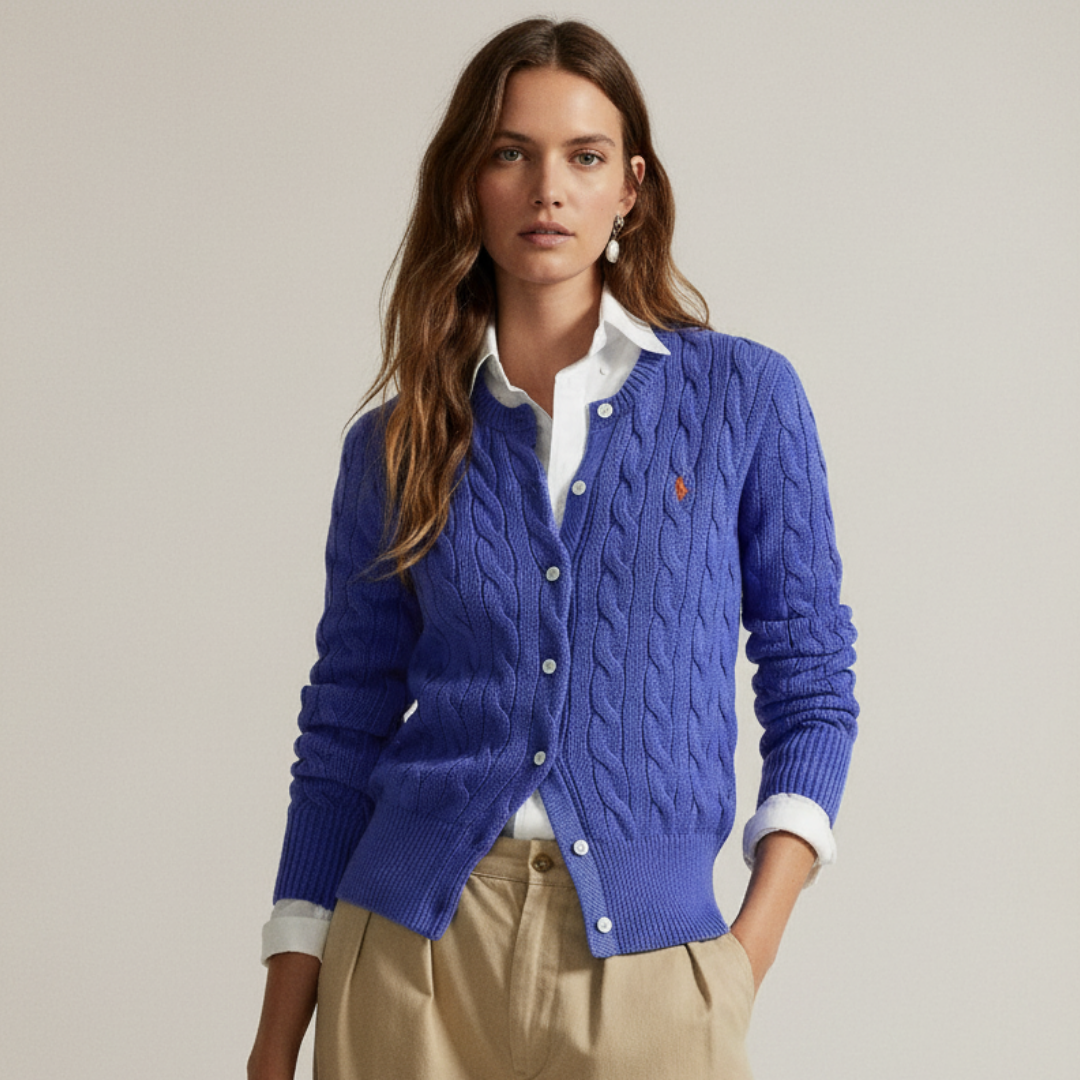 Zopfmuster-Baumwoll-Cardigan mit Rundhalsausschnitt