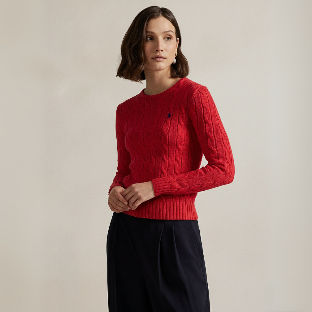 Zopfmuster-Baumwollpullover mit Rundhalsausschnitt