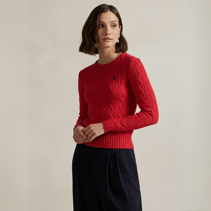 Zopfmuster-Baumwollpullover mit Rundhalsausschnitt