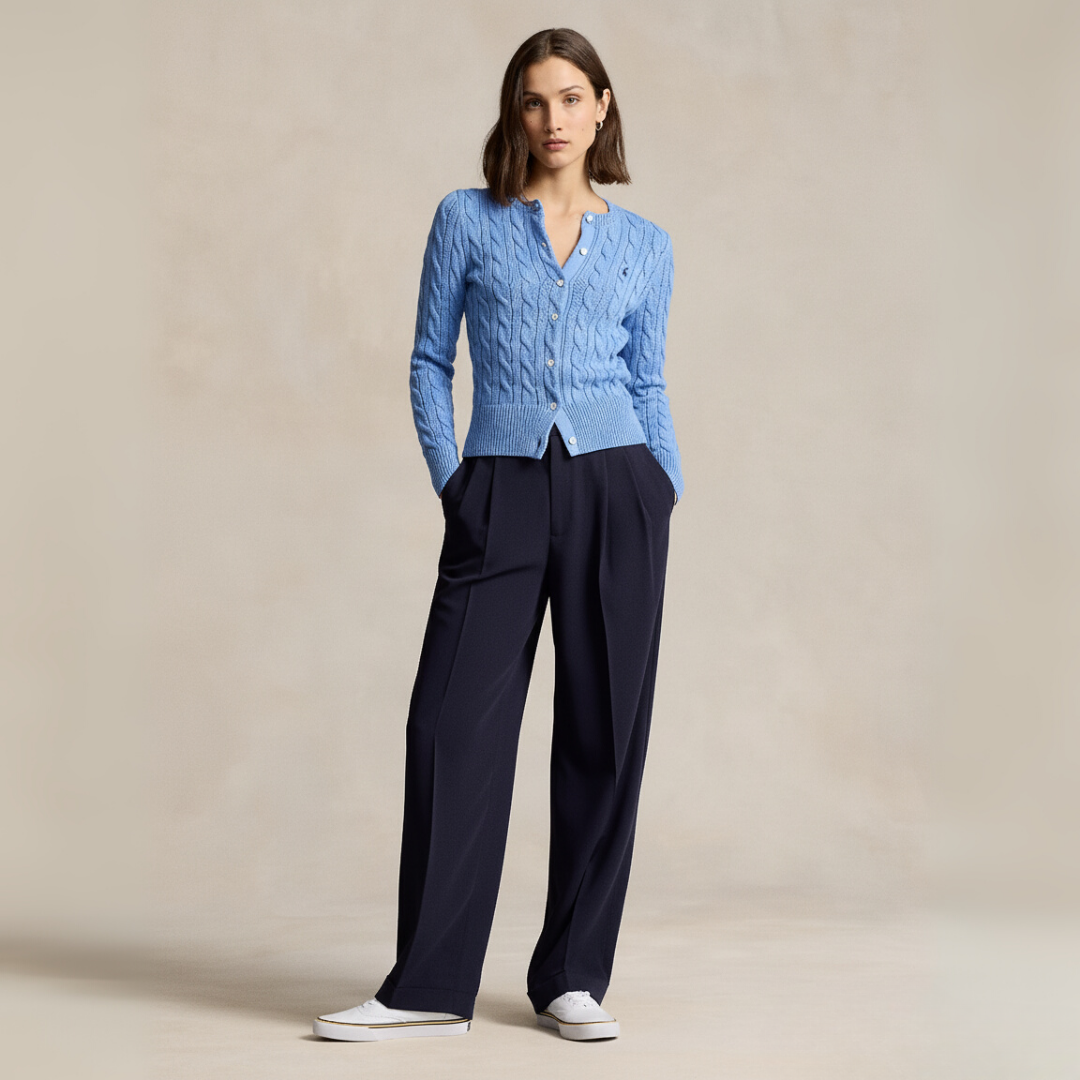 Zopfmuster-Baumwoll-Cardigan mit Rundhalsausschnitt