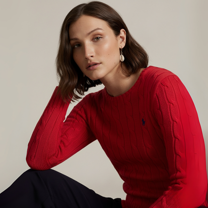 Zopfmuster-Baumwollpullover mit Rundhalsausschnitt