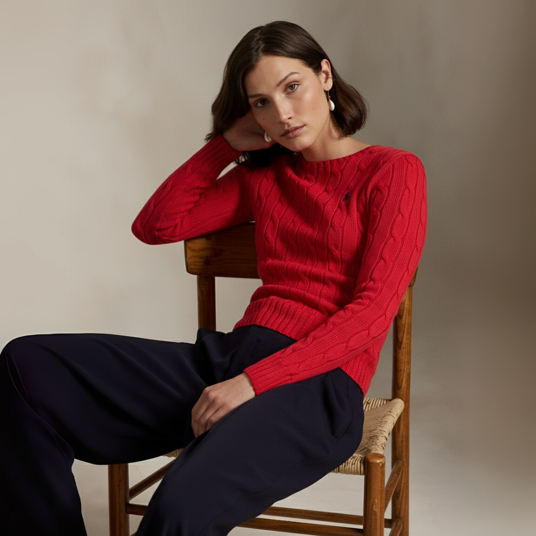 Zopfmuster-Baumwollpullover mit Rundhalsausschnitt