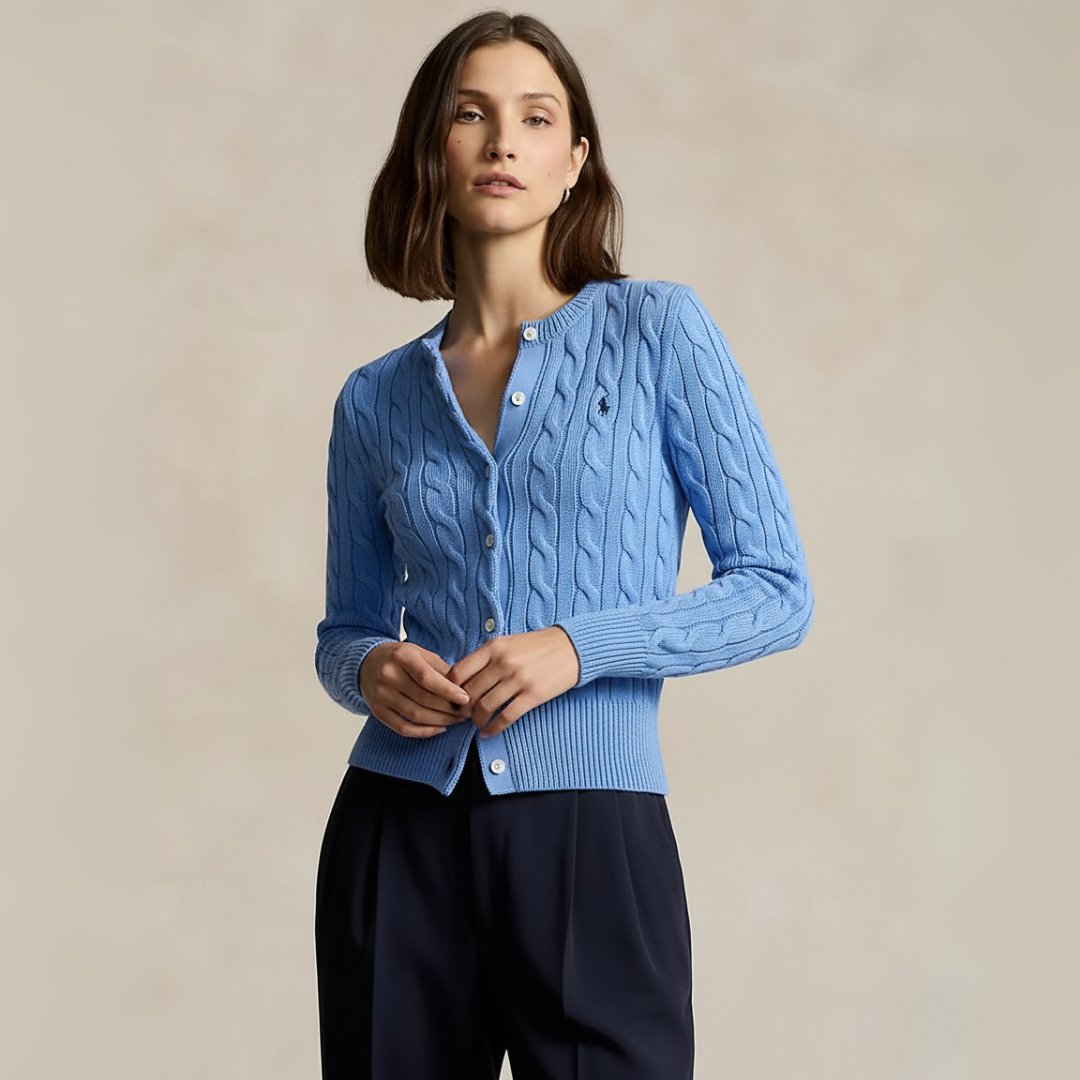 Zopfmuster-Baumwoll-Cardigan mit Rundhalsausschnitt