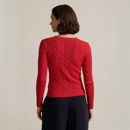 Zopfmuster-Baumwollpullover mit Rundhalsausschnitt