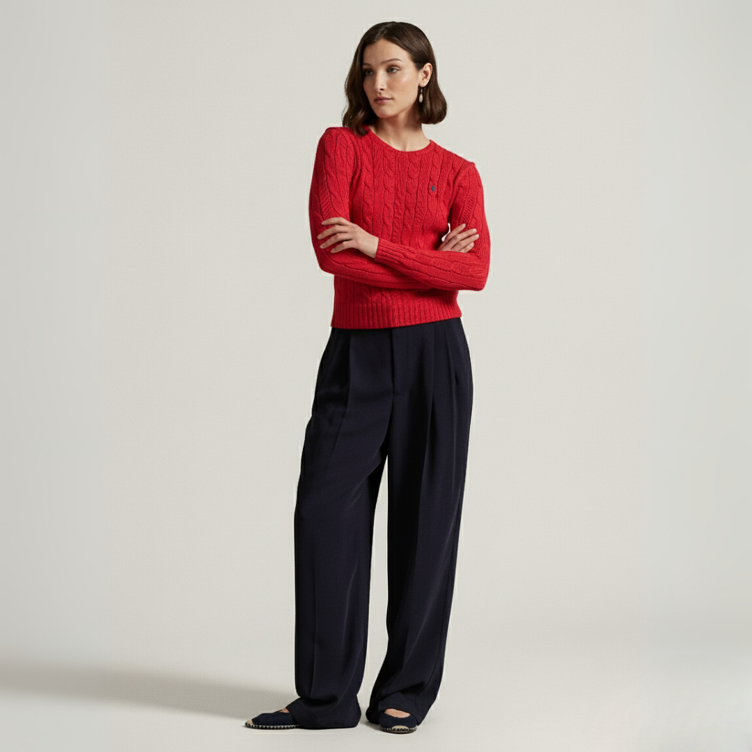 Zopfmuster-Baumwollpullover mit Rundhalsausschnitt