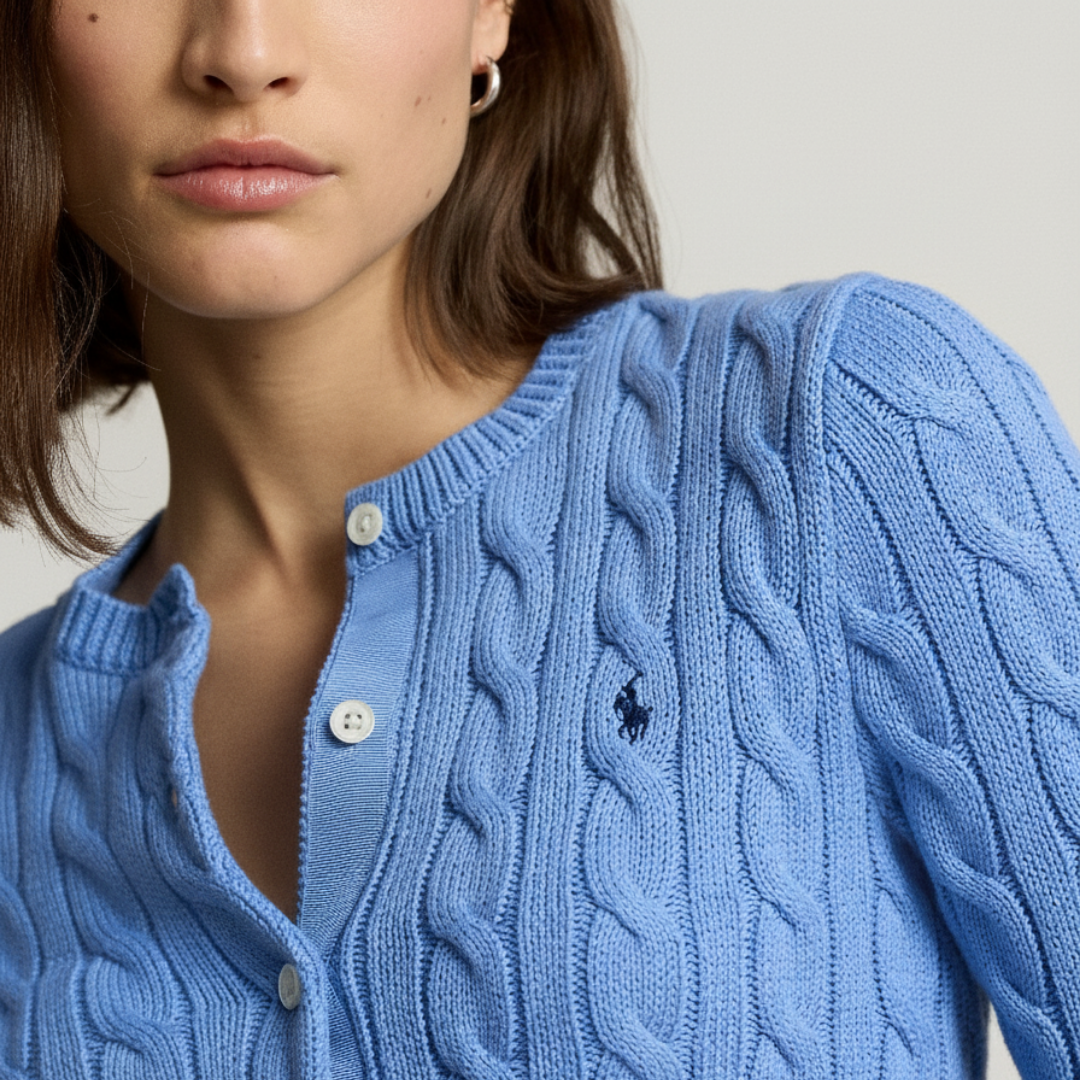 Zopfmuster-Baumwoll-Cardigan mit Rundhalsausschnitt