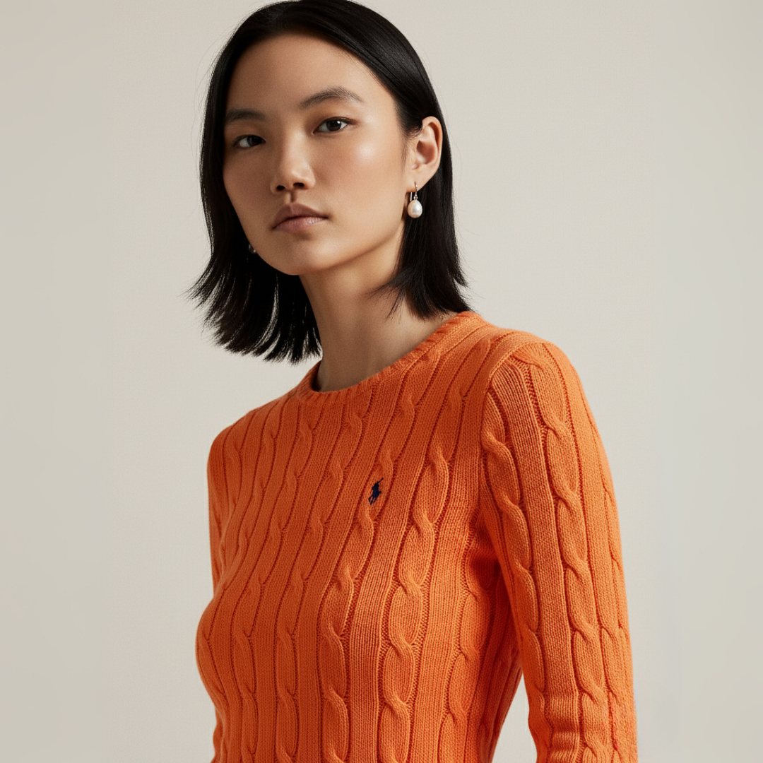 Zopfmuster-Baumwollpullover mit Rundhalsausschnitt