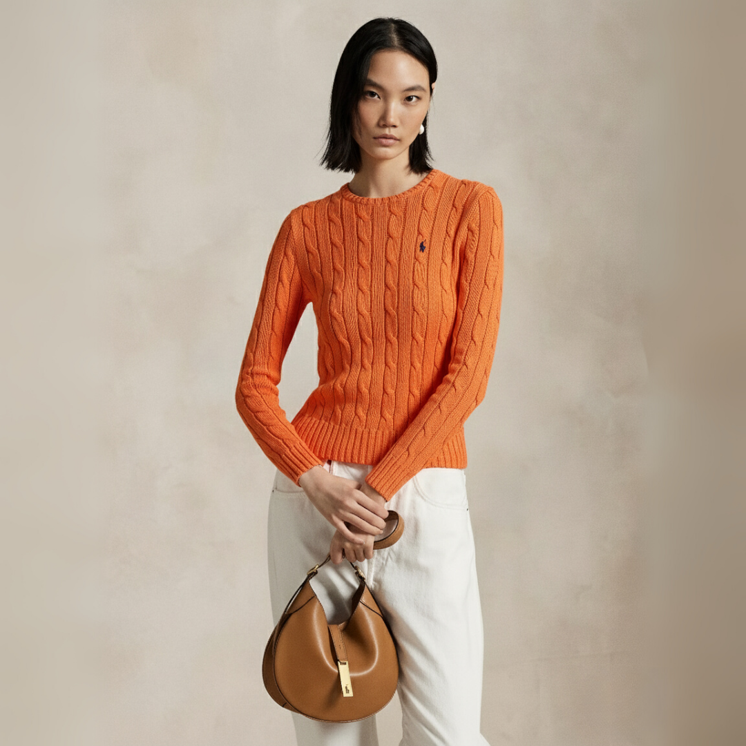 Zopfmuster-Baumwollpullover mit Rundhalsausschnitt