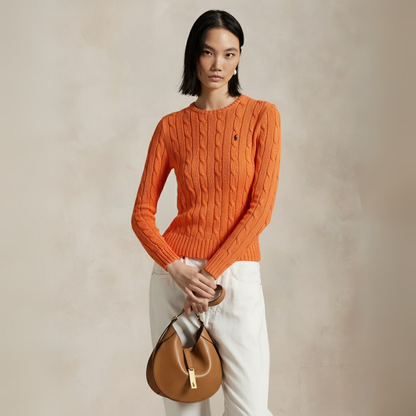 Zopfmuster-Baumwollpullover mit Rundhalsausschnitt