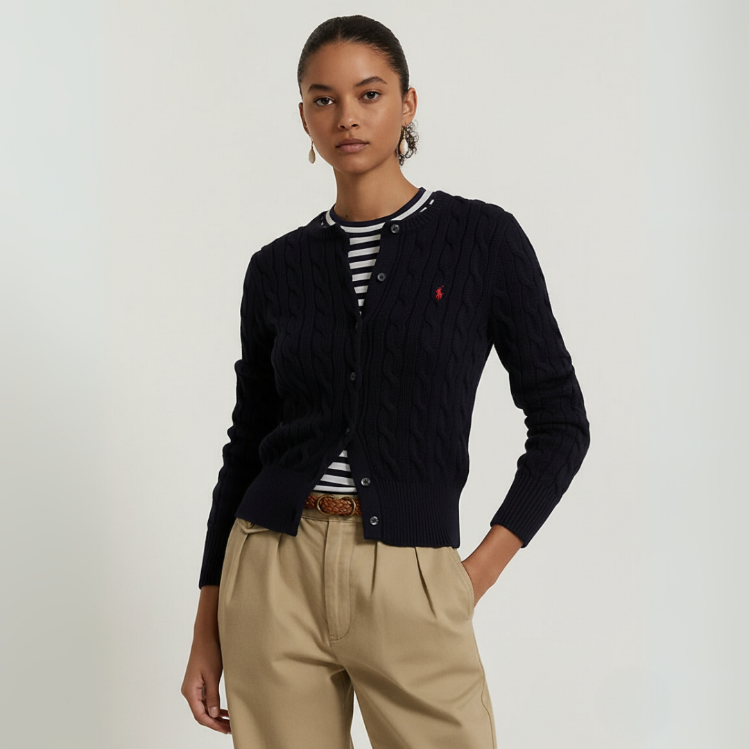 Zopfmuster-Baumwoll-Cardigan mit Rundhalsausschnitt