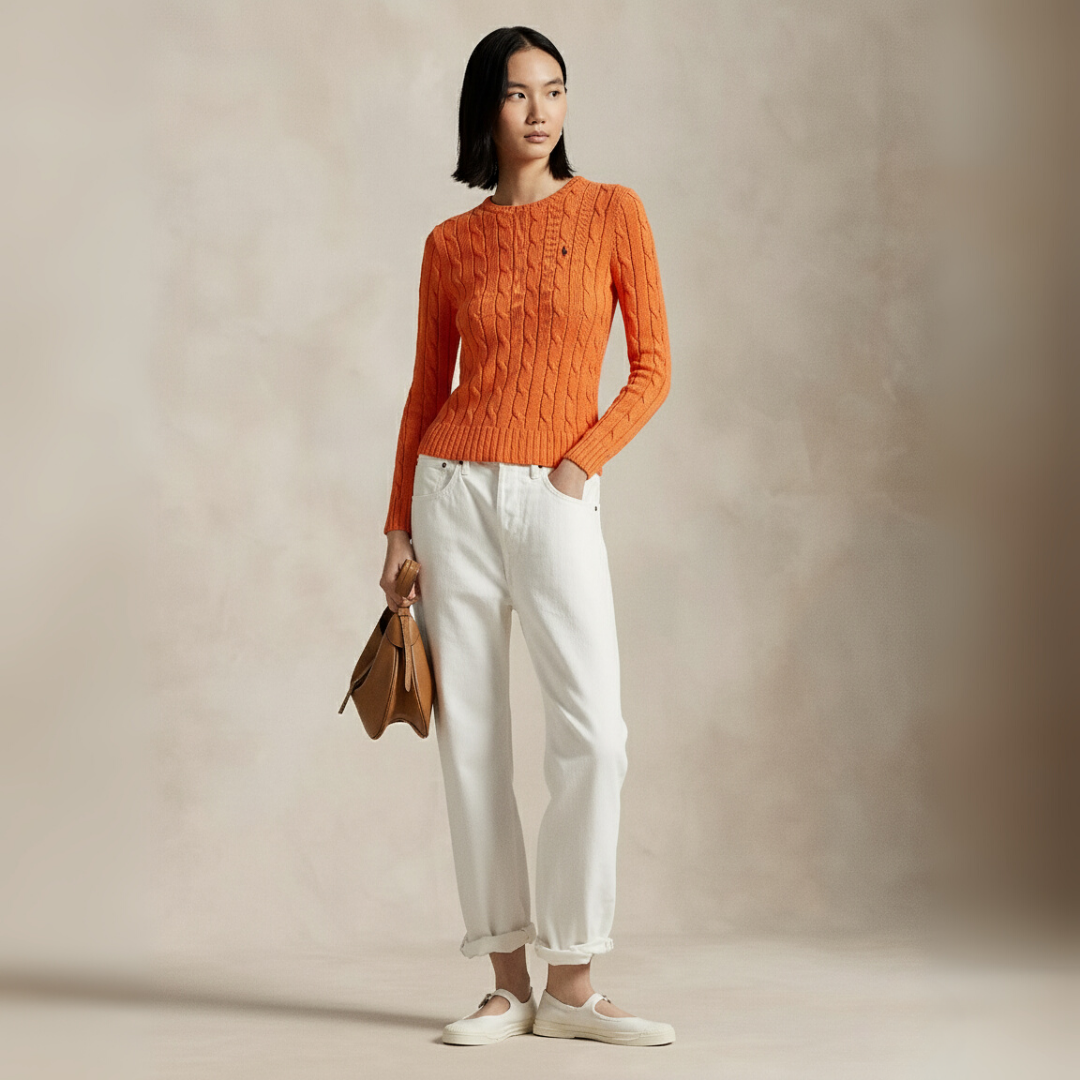 Zopfmuster-Baumwollpullover mit Rundhalsausschnitt