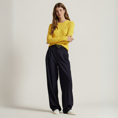 Zopfmuster-Baumwollpullover mit Rundhalsausschnitt